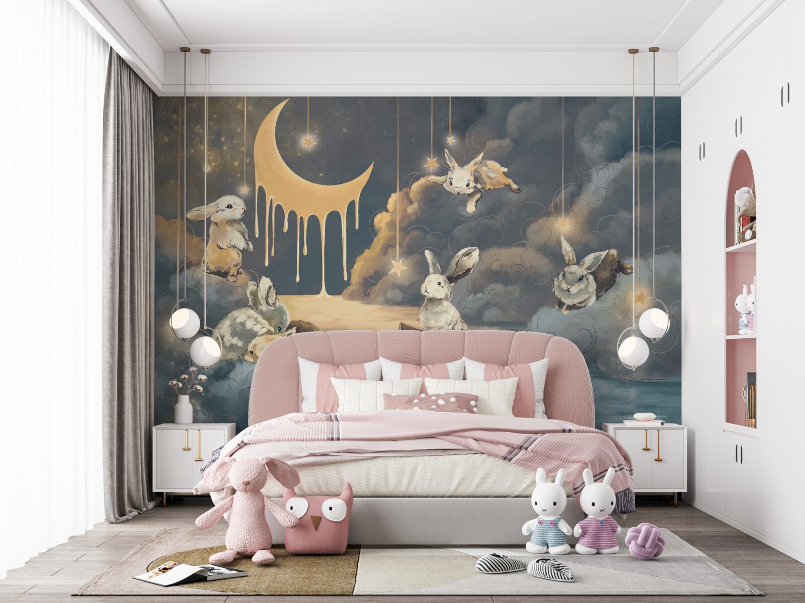 Papier peint de jolis lapins apparaissent dans le ciel nocturne