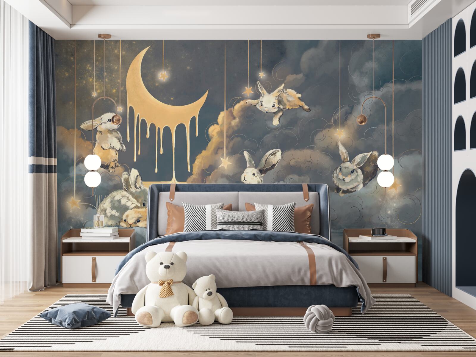 Papier peint de jolis lapins apparaissent dans le ciel nocturne