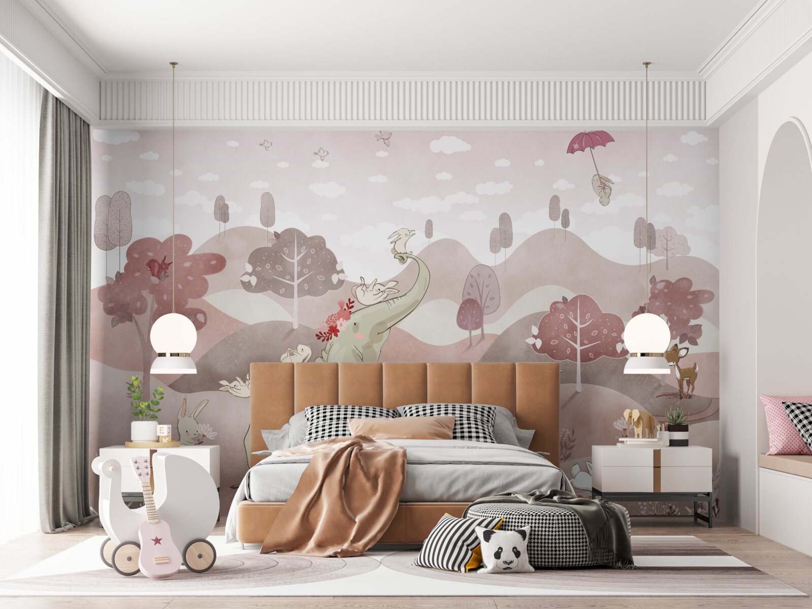 Papier peint un éléphanteau et des lièvres se promènent dans les prés