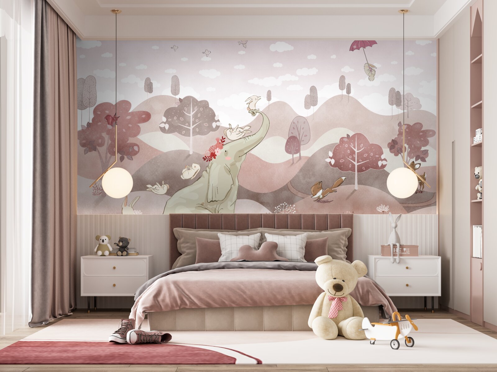 Papier peint un éléphanteau et des lièvres se promènent dans les prés