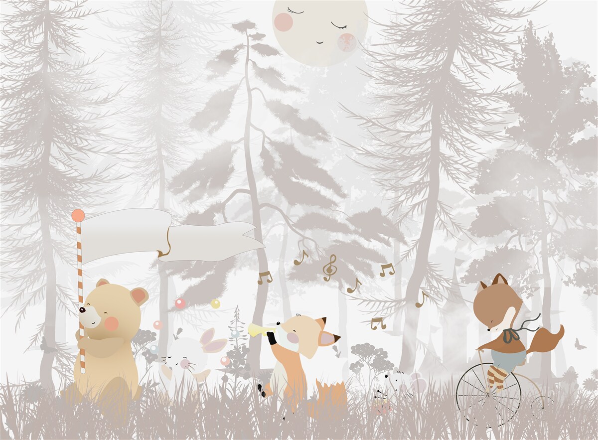 Papier peint des animaux se promènent dans une forêt brumeuse