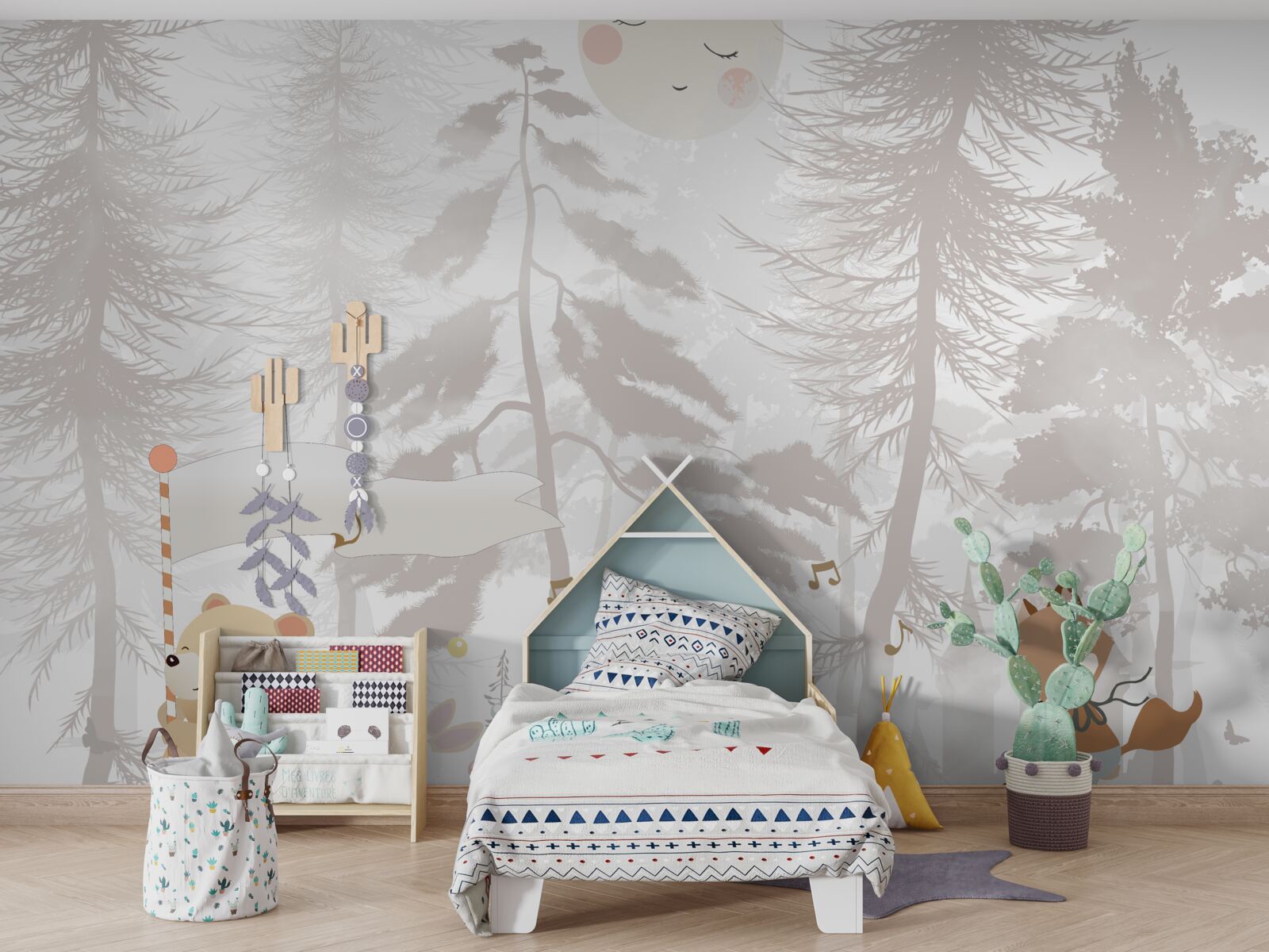 Papier peint des animaux se promènent dans une forêt brumeuse