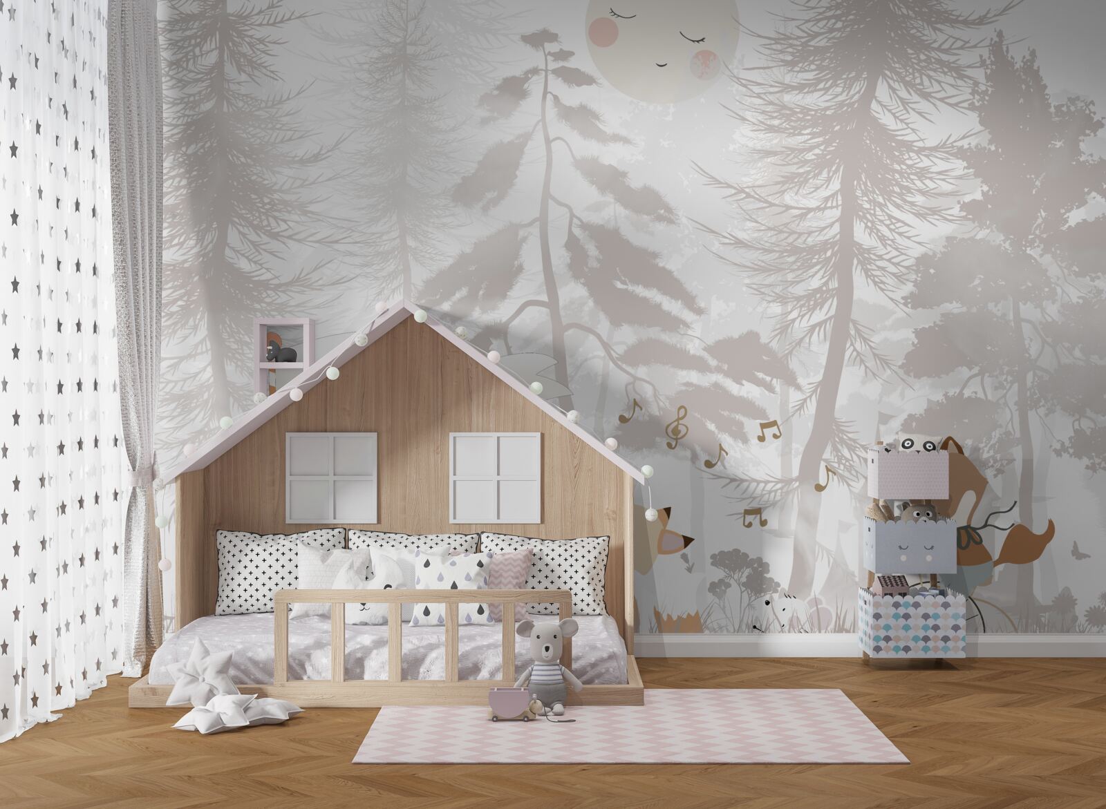 Papier peint des animaux se promènent dans une forêt brumeuse