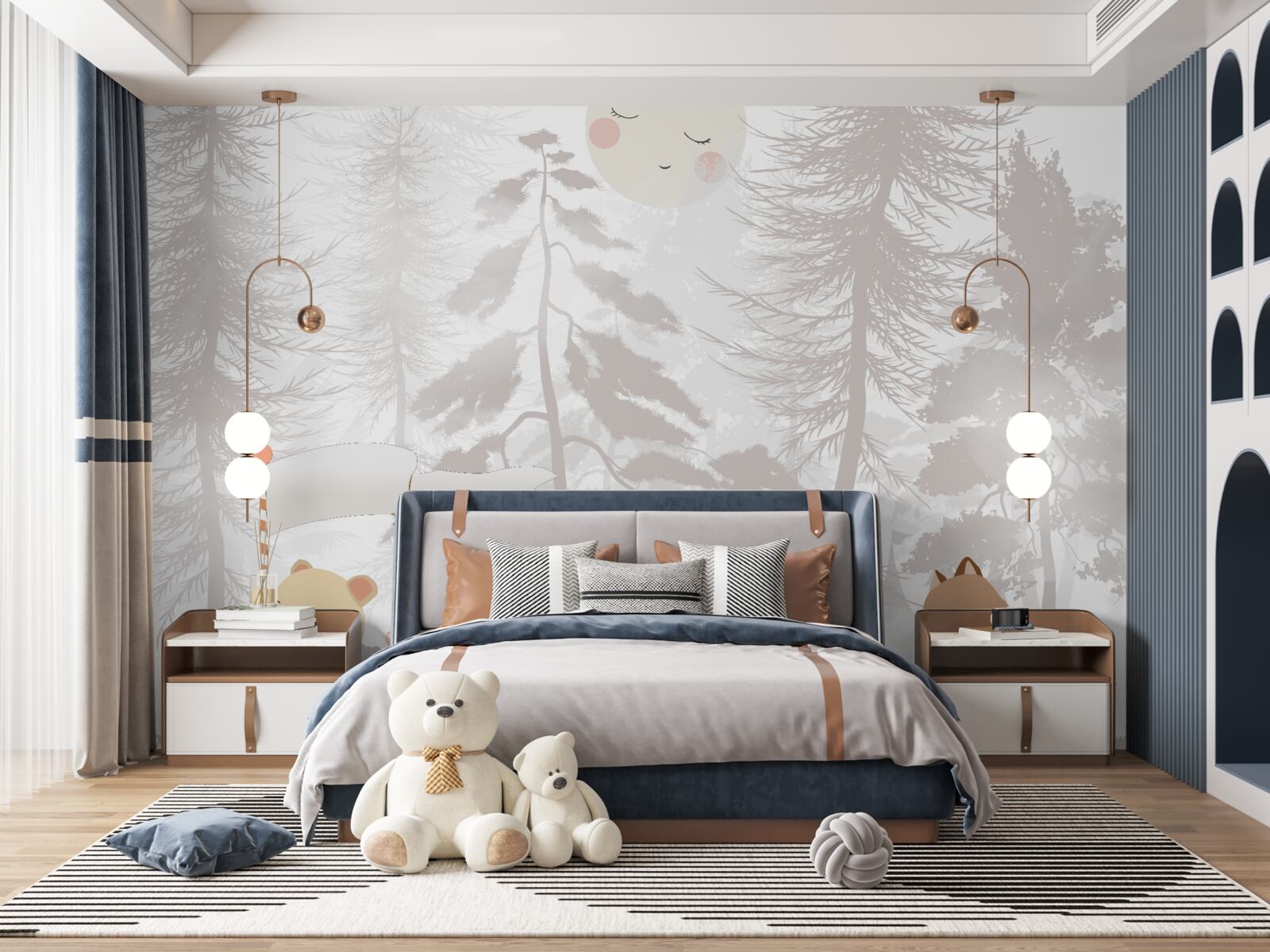 Papier peint des animaux se promènent dans une forêt brumeuse