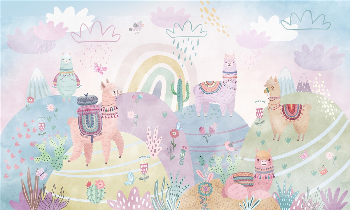 Papier peint les champs où marchent les lamas