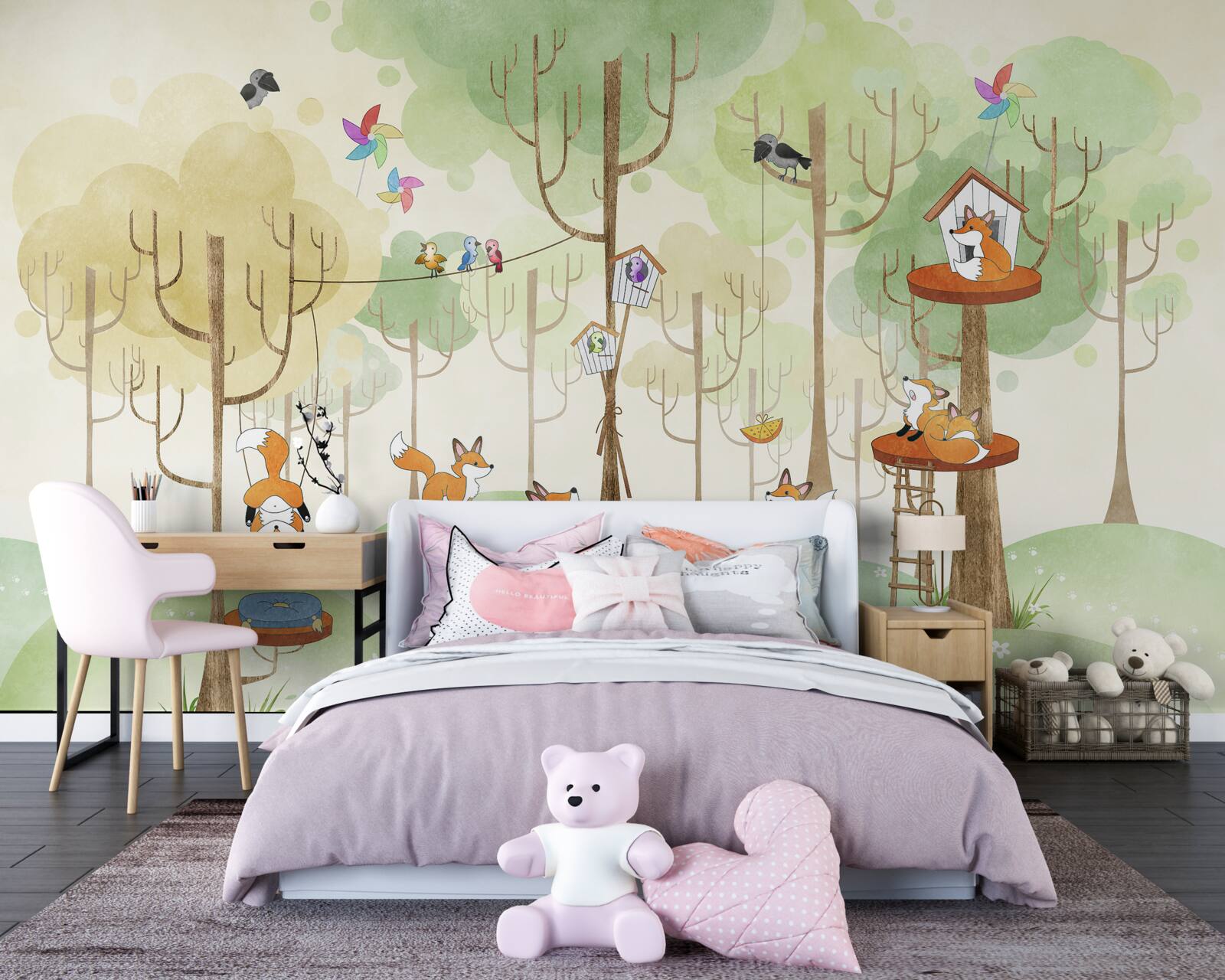 Papier peint écureuils et renards sur les branches des arbres