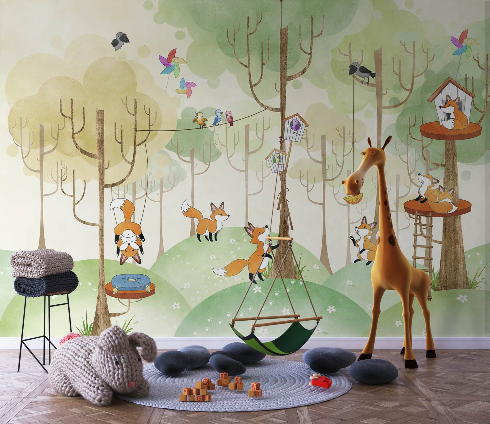 Papier peint écureuils et renards sur les branches des arbres