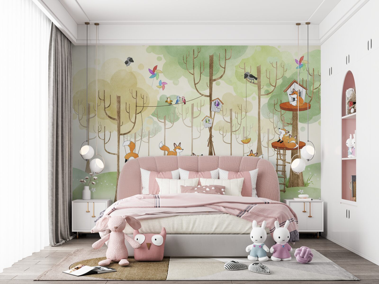 Papier peint écureuils et renards sur les branches des arbres