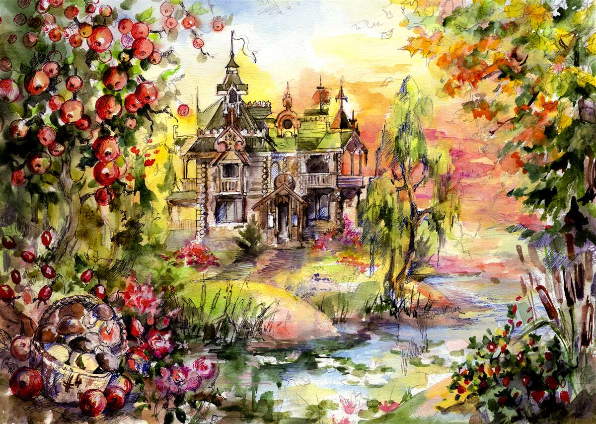 Papier peint maison de conte de fées au bord d'une rivière forestière