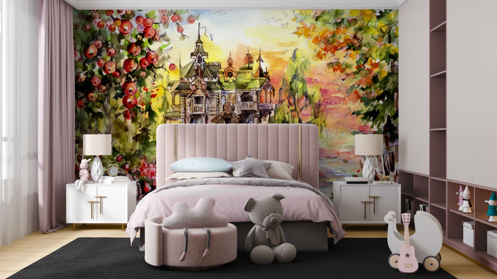 Papier peint maison de conte de fées au bord d'une rivière forestière