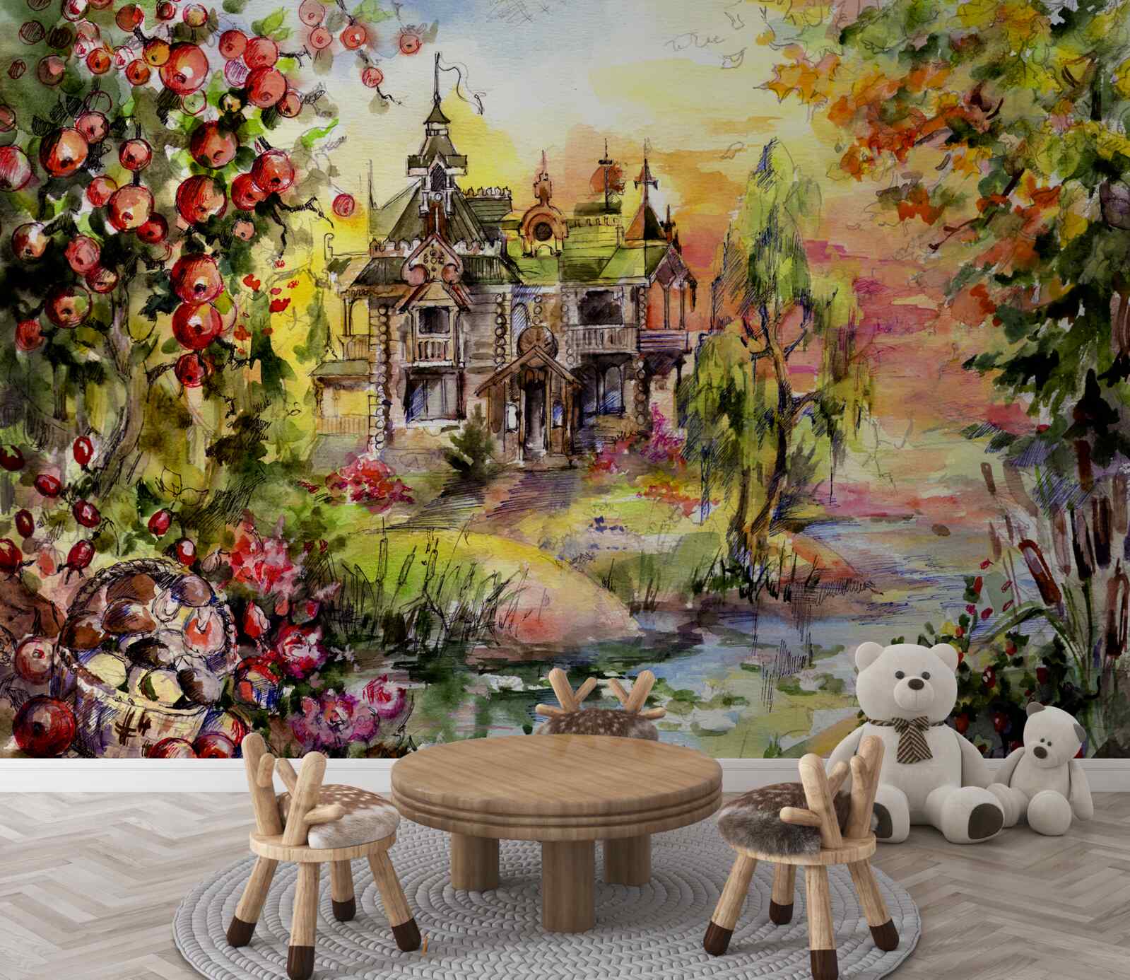 Papier peint maison de conte de fées au bord d'une rivière forestière