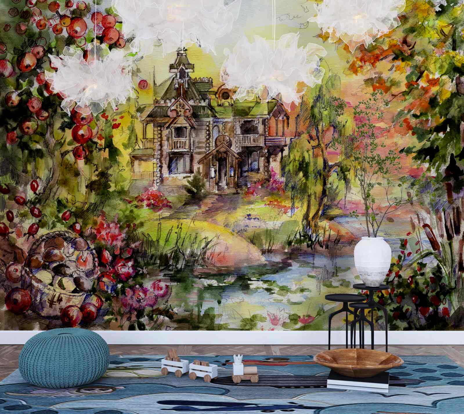 Papier peint maison de conte de fées au bord d'une rivière forestière