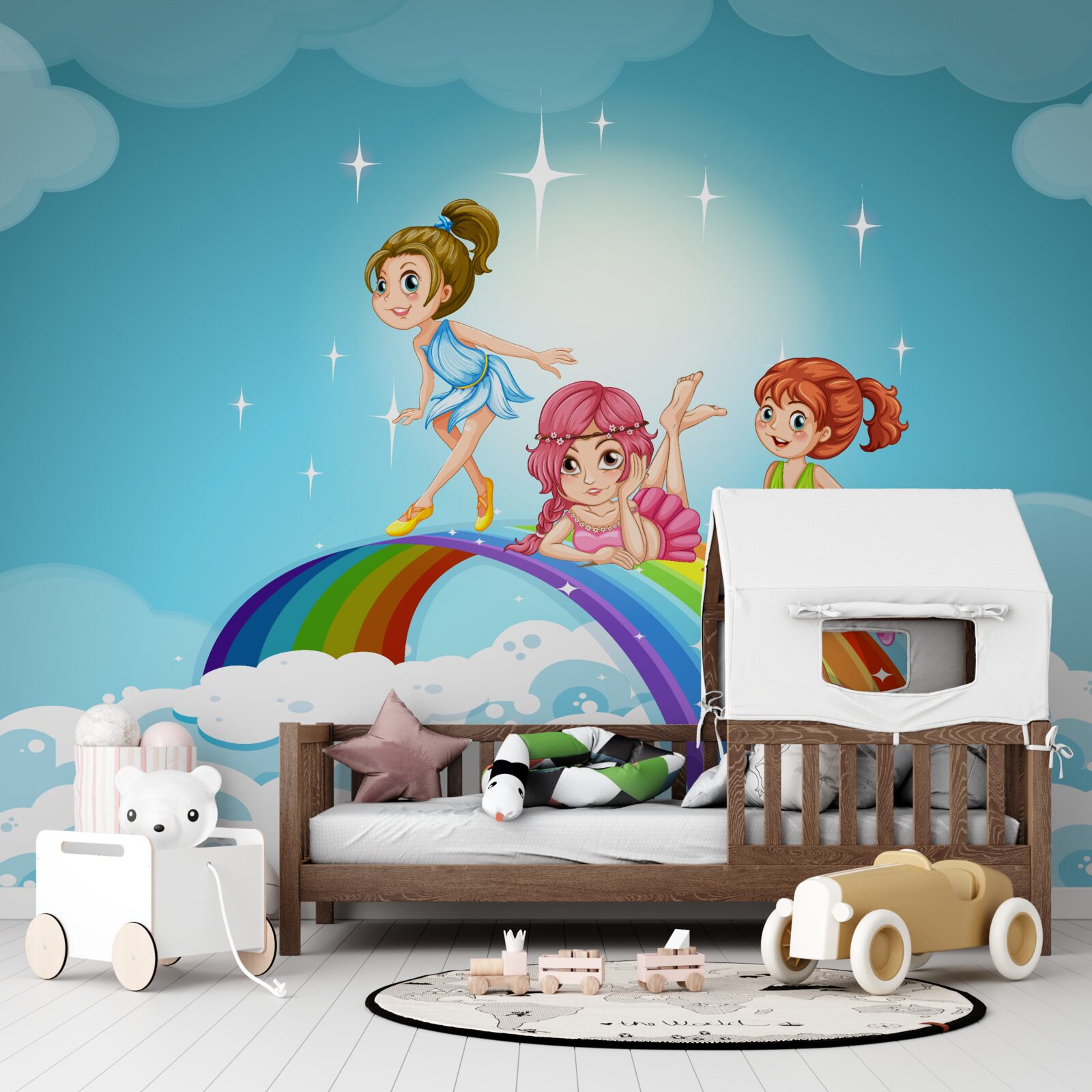 Papier peint filles parmi les nuages sur l'arc-en-ciel