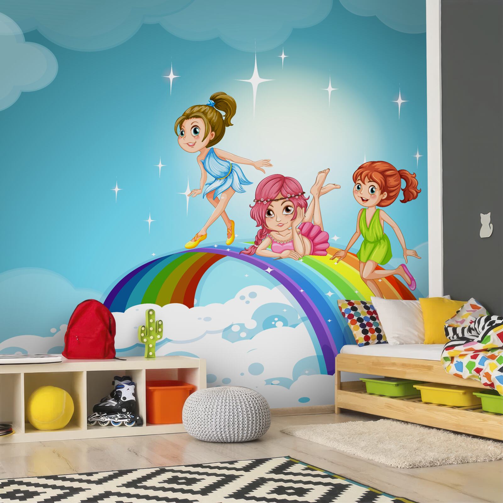 Papier peint filles parmi les nuages sur l'arc-en-ciel