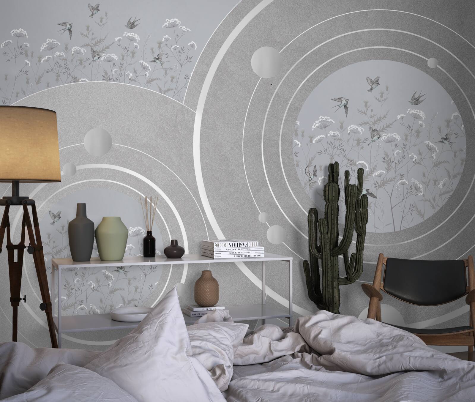 Papier peint formes florales et cercles abstraits