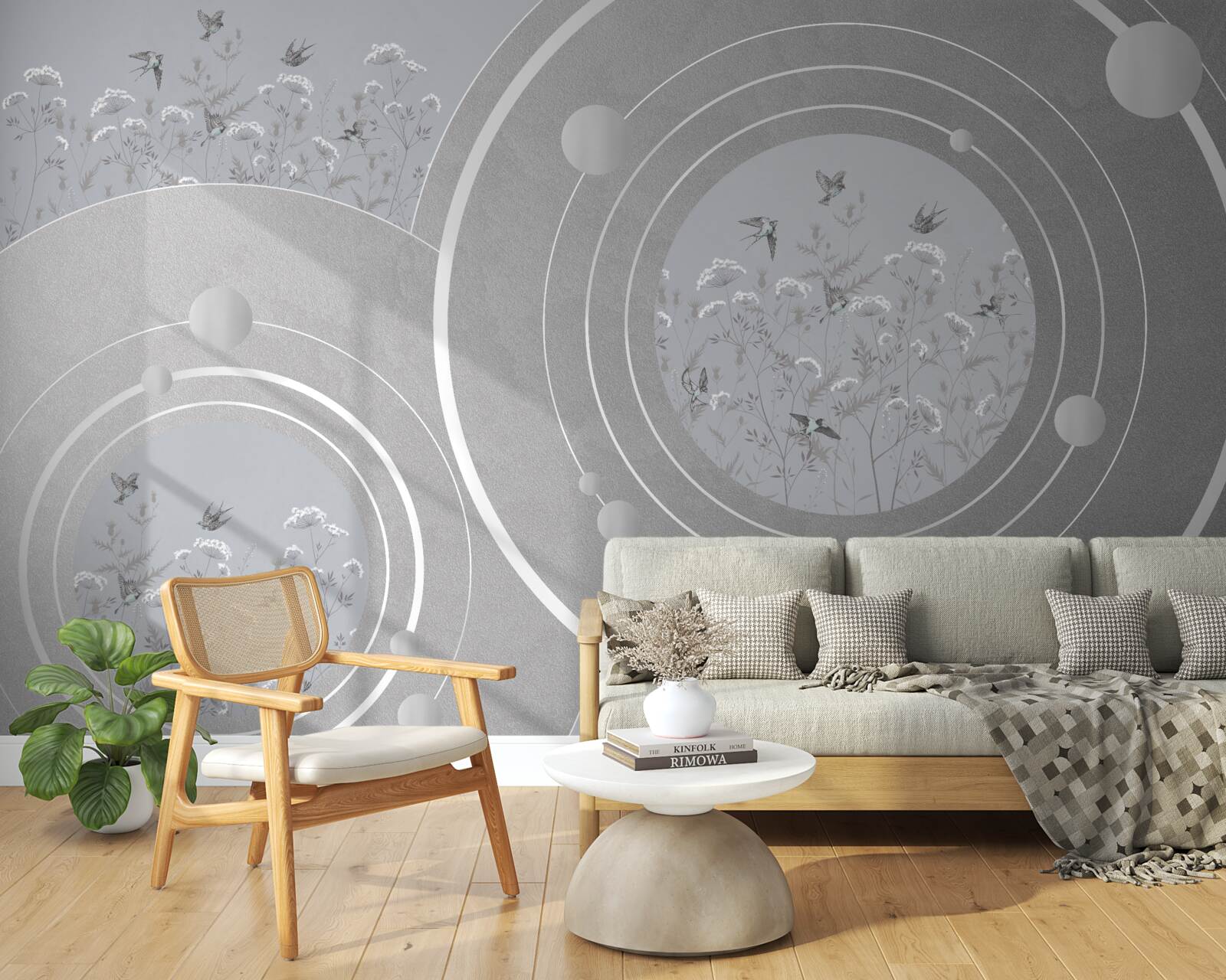 Papier peint formes florales et cercles abstraits