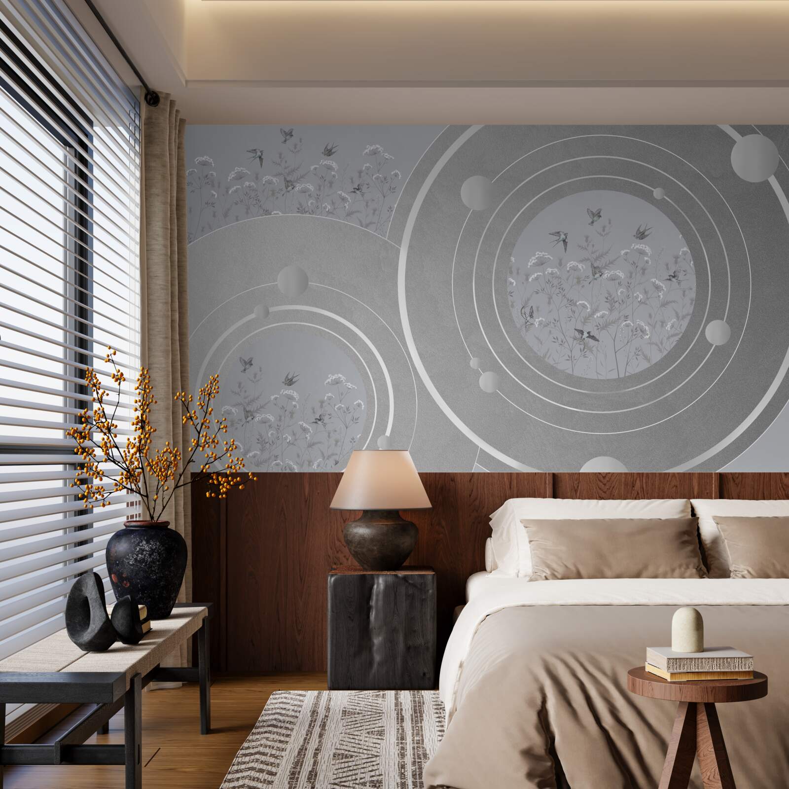 Papier peint formes florales et cercles abstraits