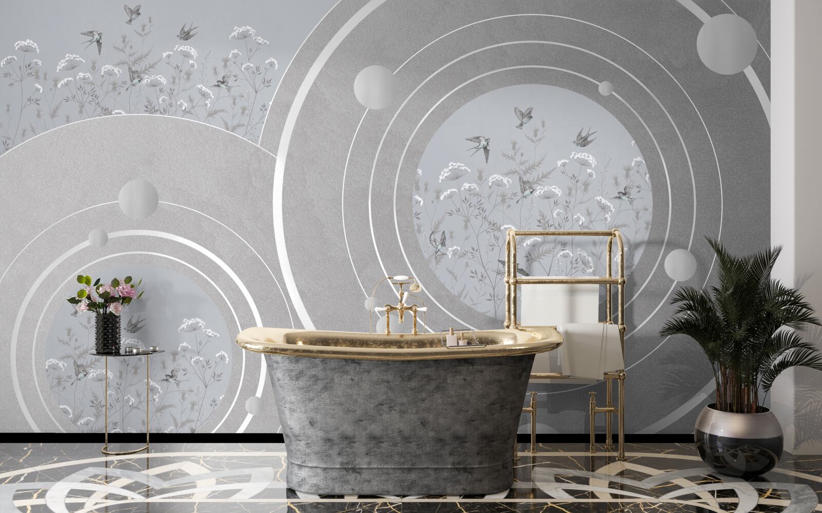 Papier peint formes florales et cercles abstraits