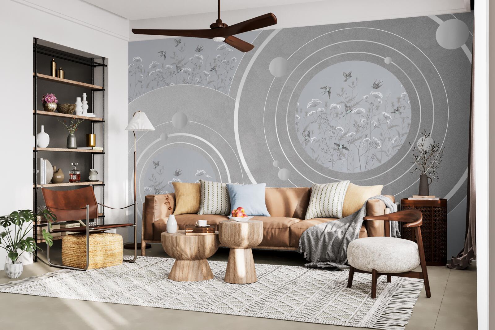 Papier peint formes florales et cercles abstraits