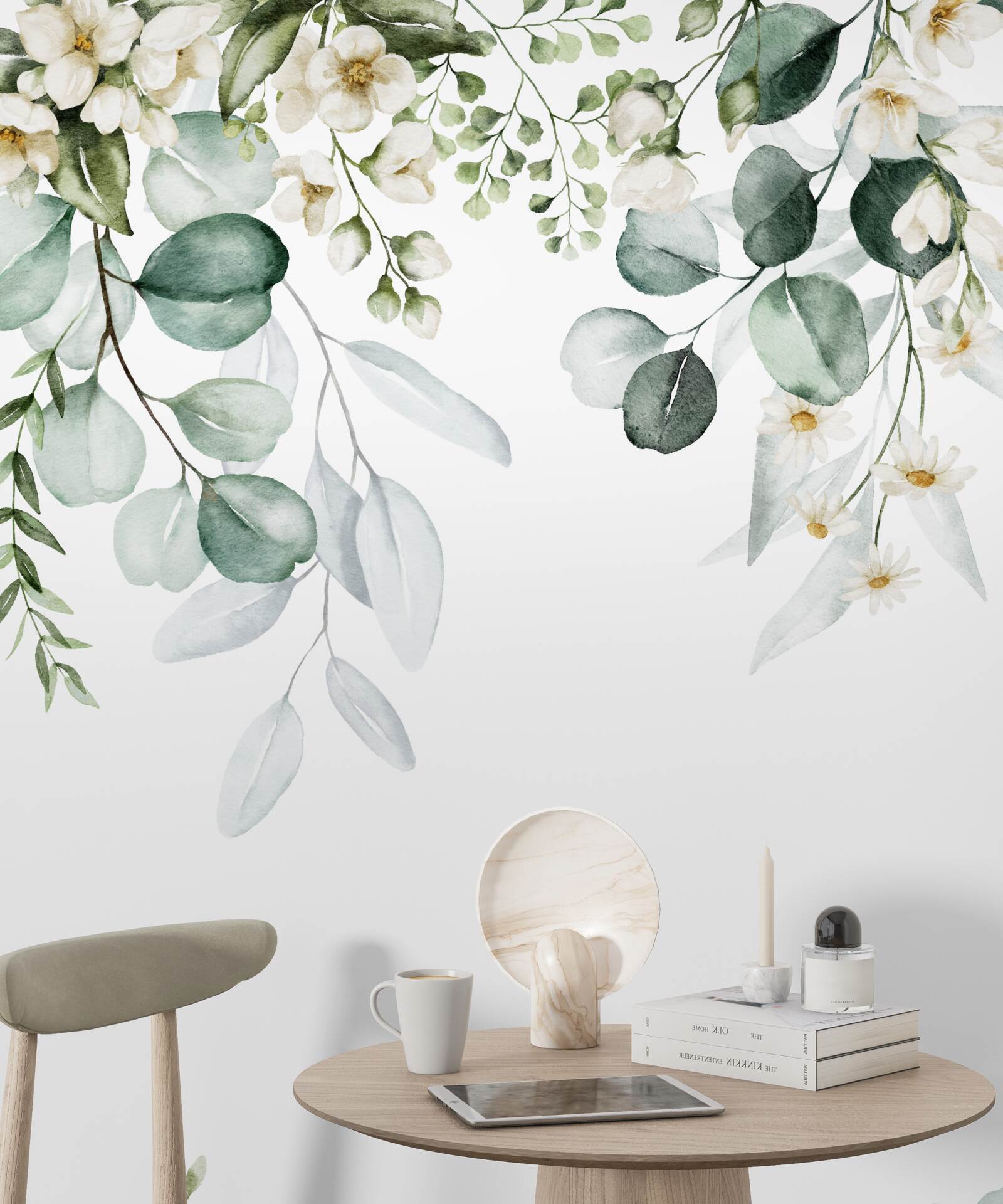 Papier peint fleurs blanches et eucalyptus