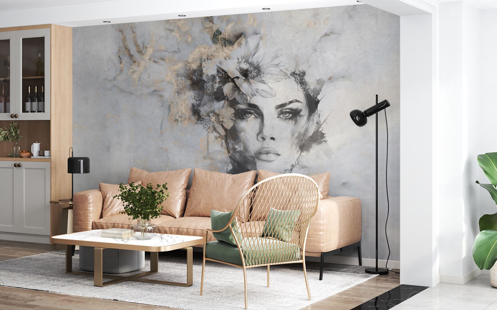 Papier peint fleurs et fille réalisées à l'aquarelle