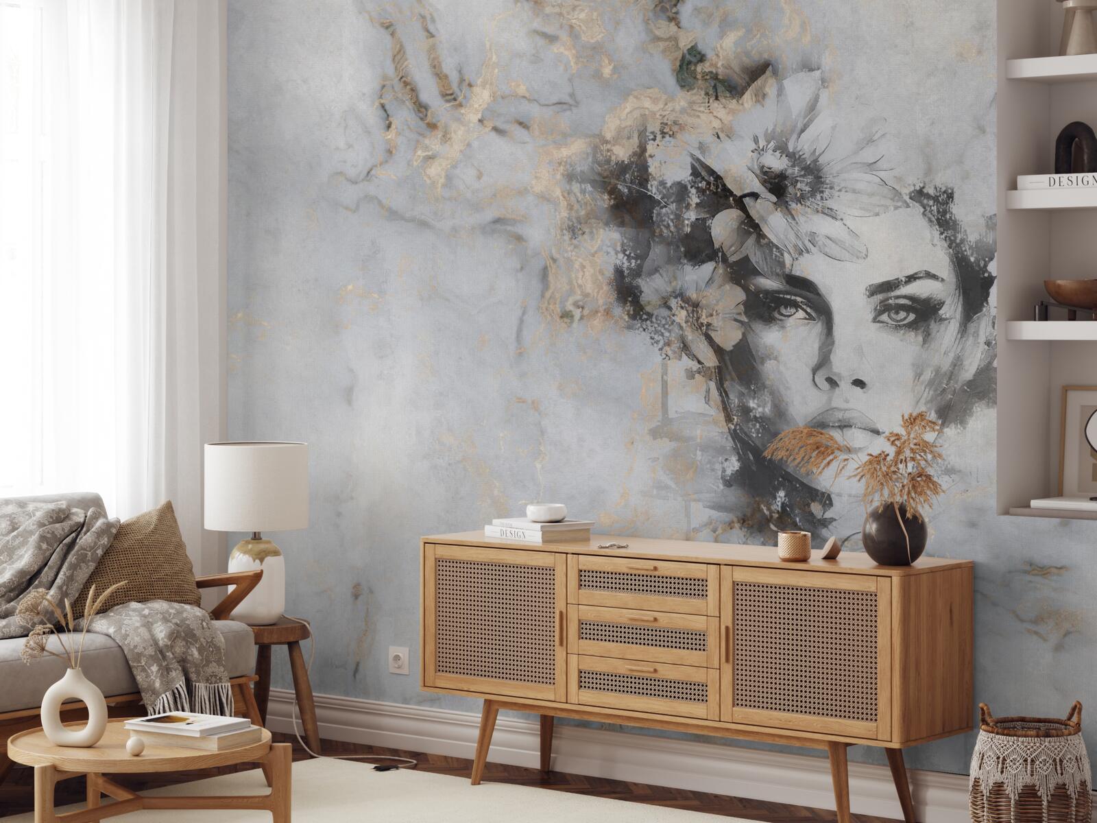 Papier peint fleurs et fille réalisées à l'aquarelle