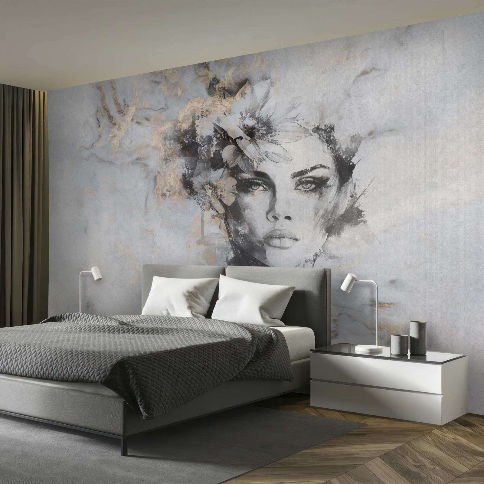 Papier peint fleurs et fille réalisées à l'aquarelle