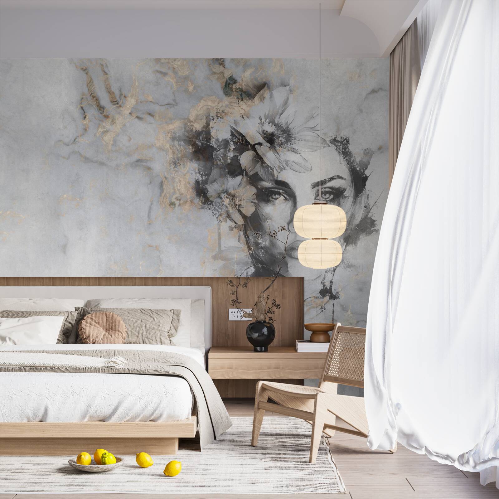 Papier peint fleurs et fille réalisées à l'aquarelle