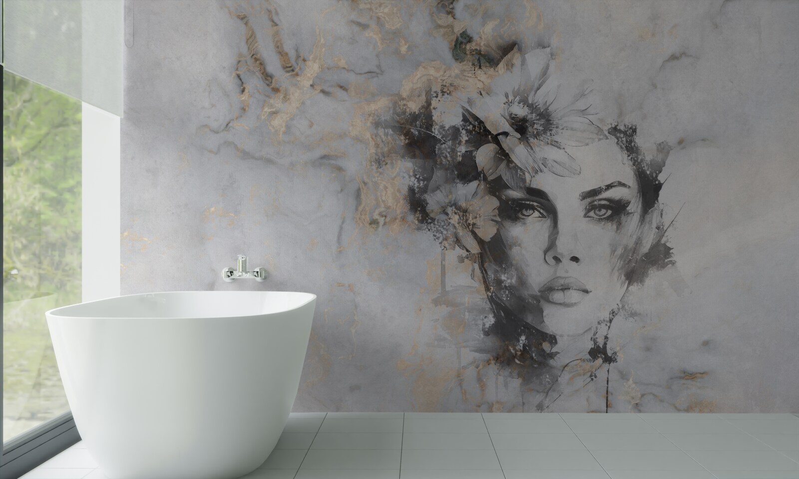 Papier peint fleurs et fille réalisées à l'aquarelle