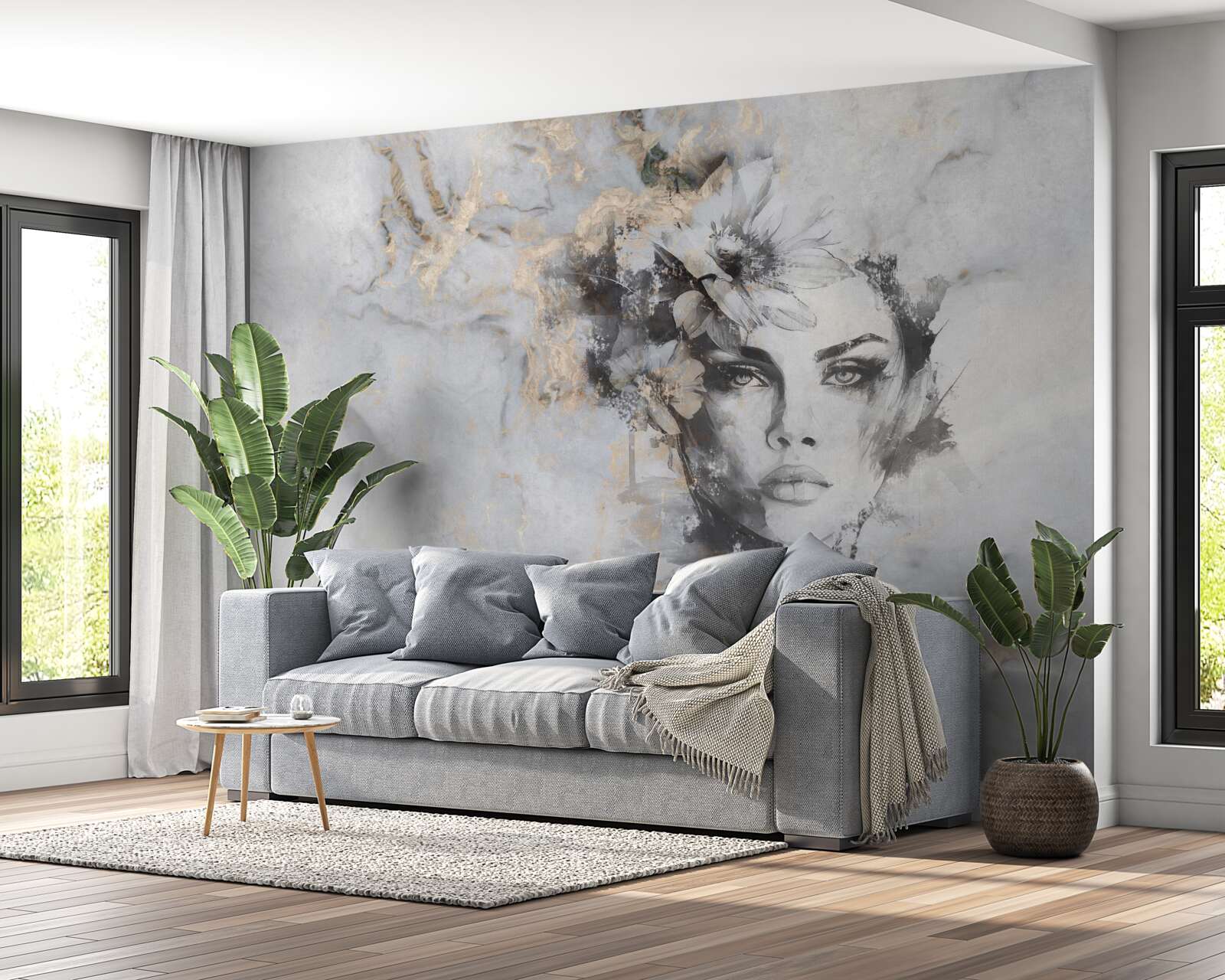 Papier peint fleurs et fille réalisées à l'aquarelle