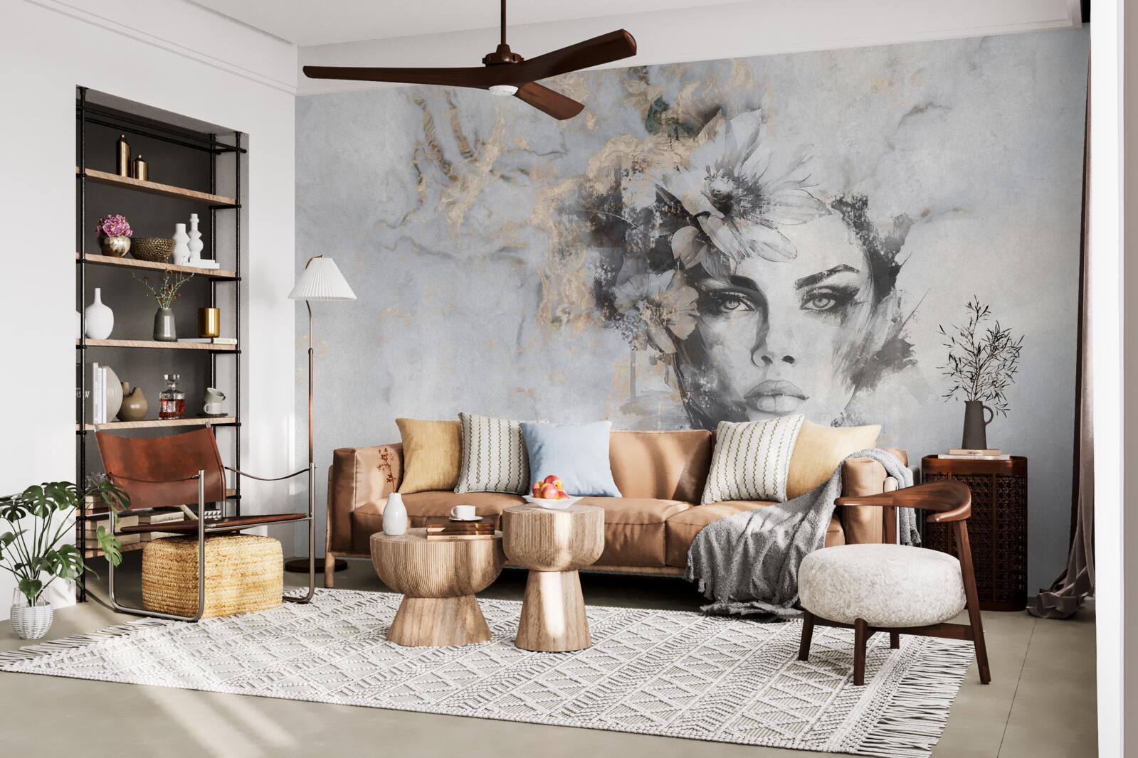 Papier peint fleurs et fille réalisées à l'aquarelle