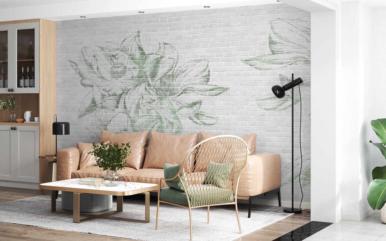 Papier peint mur de briques et fleurs