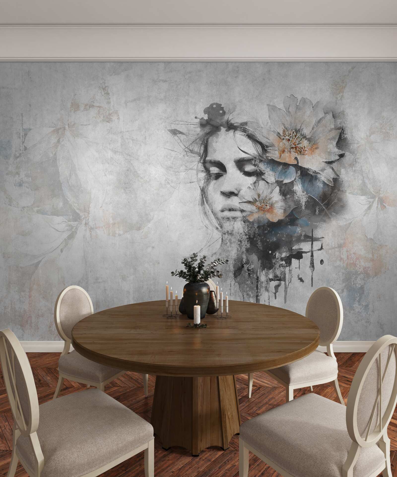 Papier peint fille avec un bouquet de fleurs