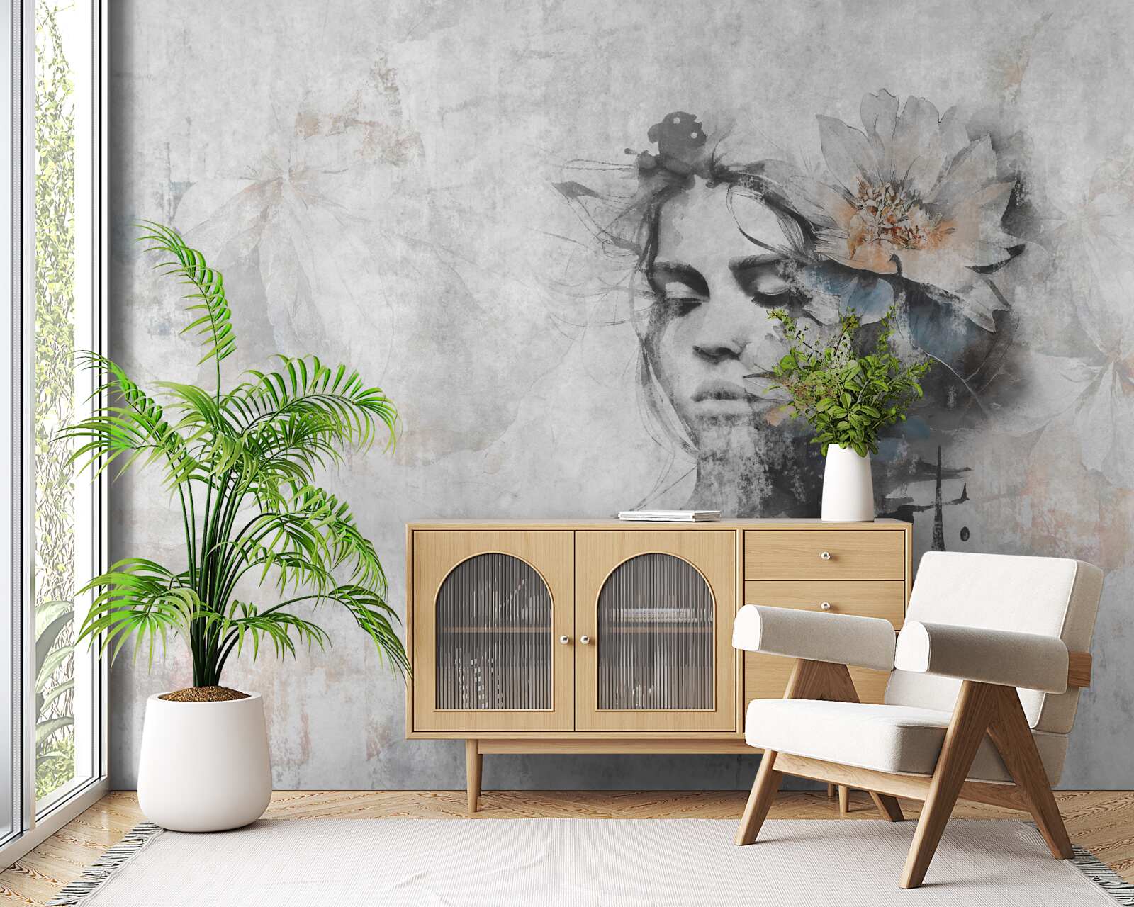 Papier peint fille avec un bouquet de fleurs