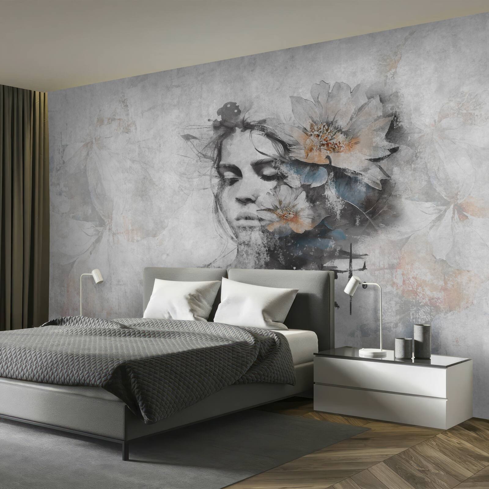 Papier peint fille avec un bouquet de fleurs