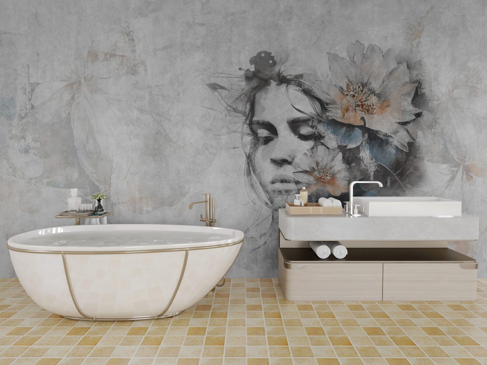 Papier peint fille avec un bouquet de fleurs