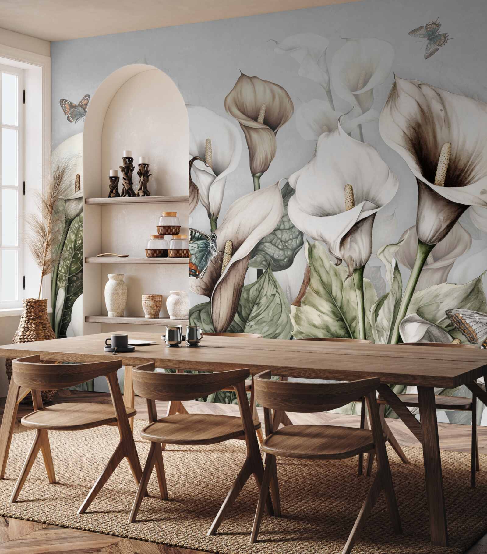 Papier peint les kales sont blancs et bruns avec des papillons