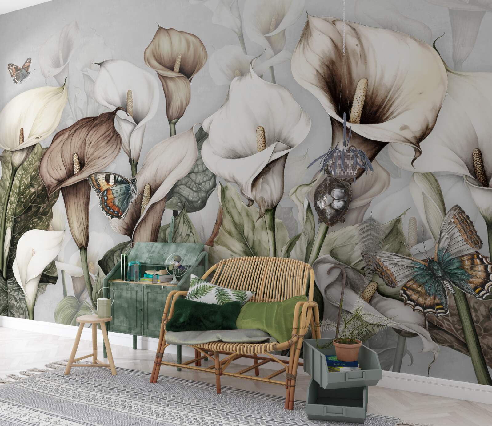 Papier peint les kales sont blancs et bruns avec des papillons