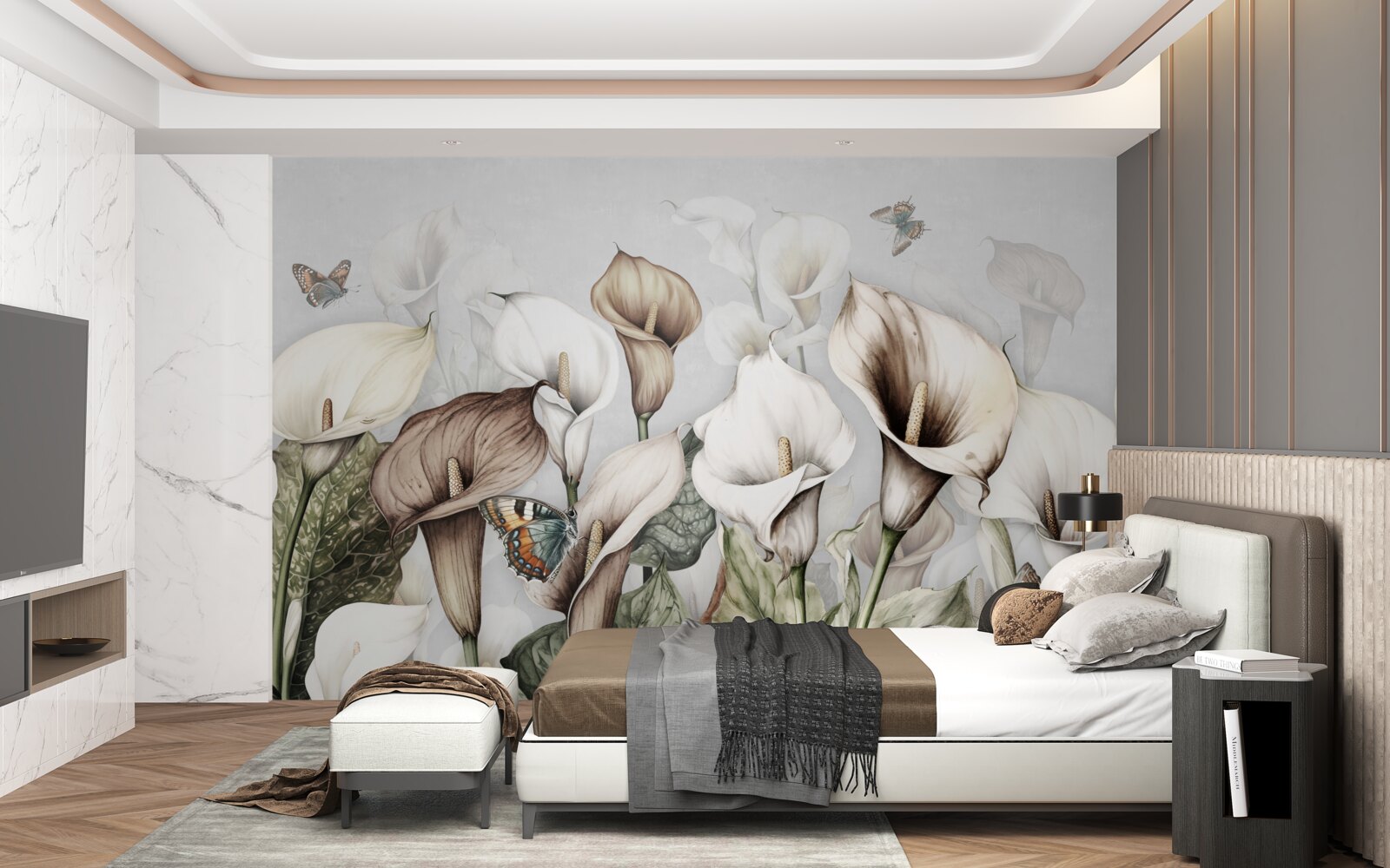 Papier peint les kales sont blancs et bruns avec des papillons