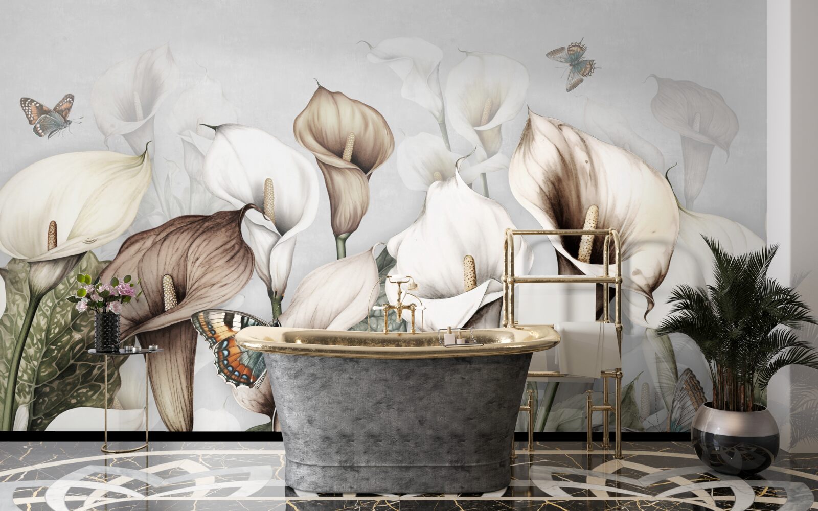 Papier peint les kales sont blancs et bruns avec des papillons