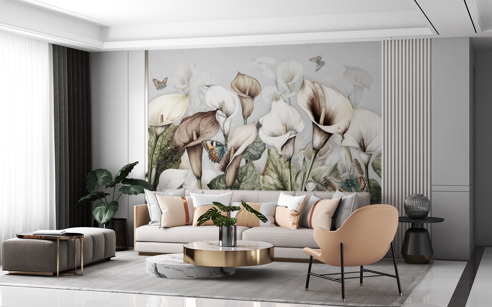 Papier peint les kales sont blancs et bruns avec des papillons