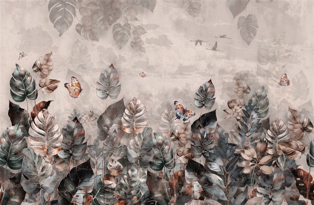 Papier peint plantes tropicales avec papillons et oiseaux