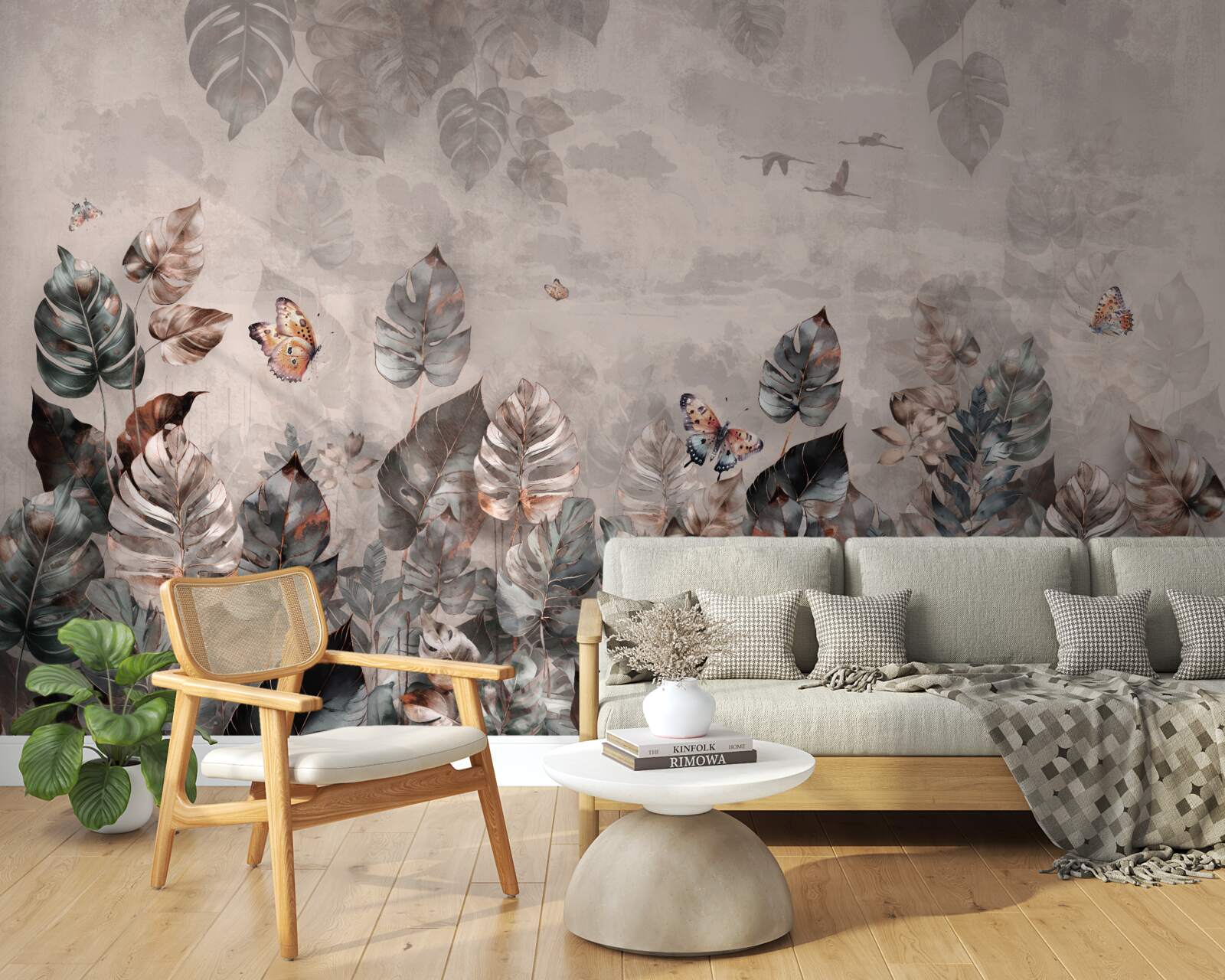 Papier peint plantes tropicales avec papillons et oiseaux