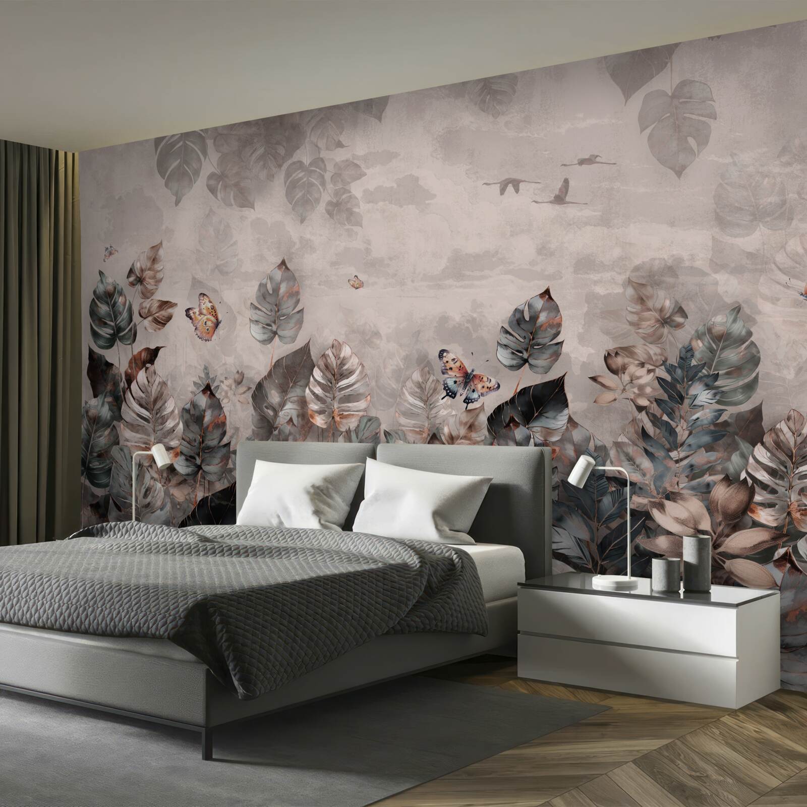 Papier peint plantes tropicales avec papillons et oiseaux