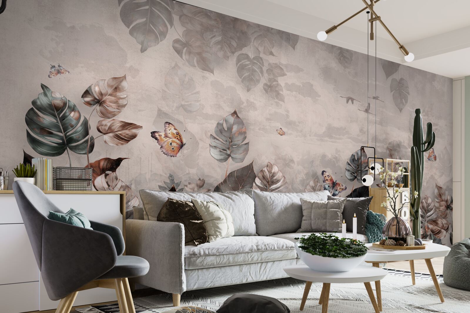 Papier peint plantes tropicales avec papillons et oiseaux