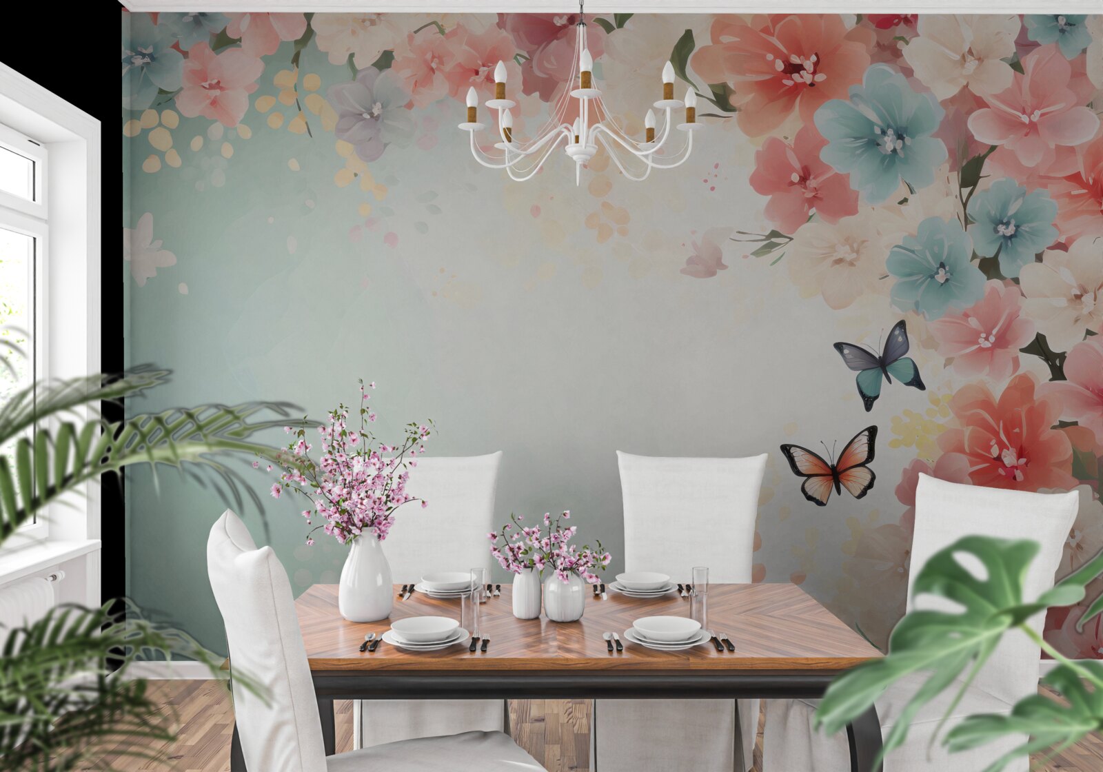 Papier peint compositions florales gracieuses et papillons de nuit