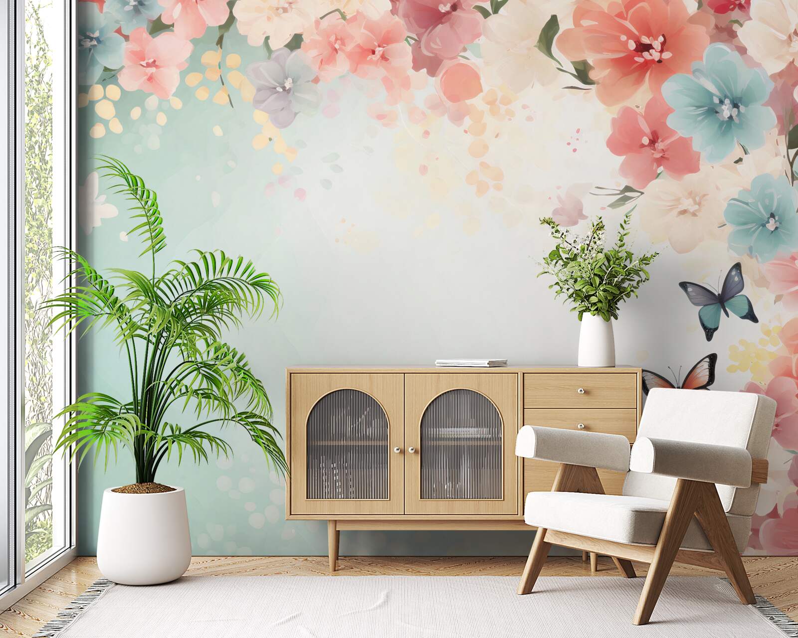 Papier peint compositions florales gracieuses et papillons de nuit