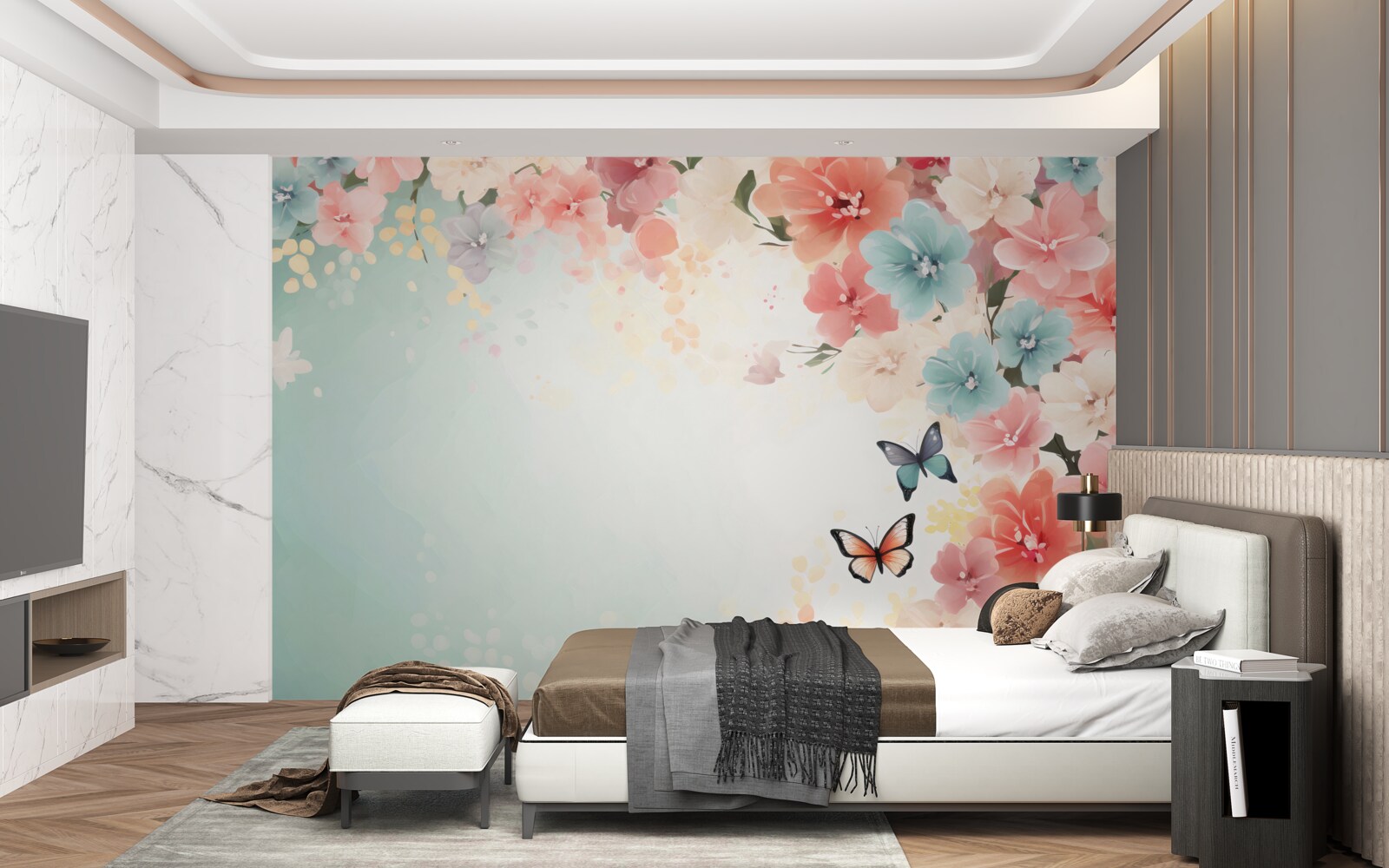 Papier peint compositions florales gracieuses et papillons de nuit