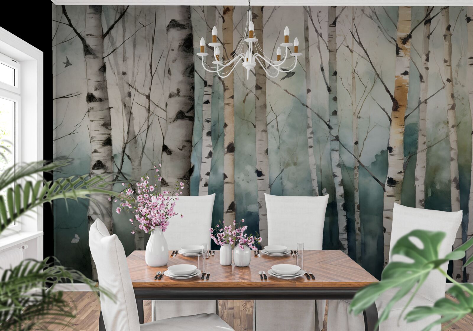 Papier peint aquarelle représentant un bosquet de bouleaux élancés