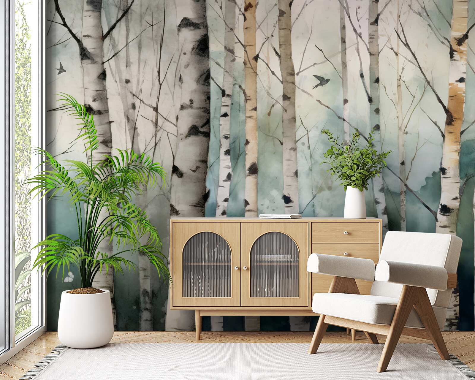 Papier peint aquarelle représentant un bosquet de bouleaux élancés